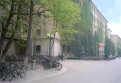 Bikes around one of the classroom buildings