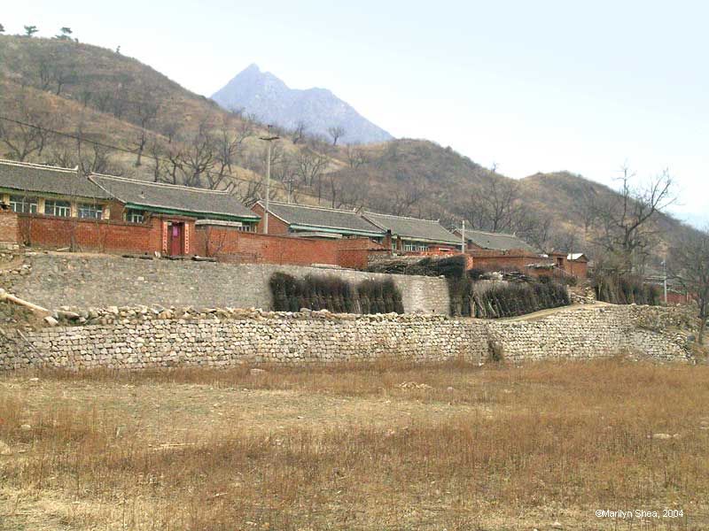 Brick houses with a stone enclosure running the length of the several houses